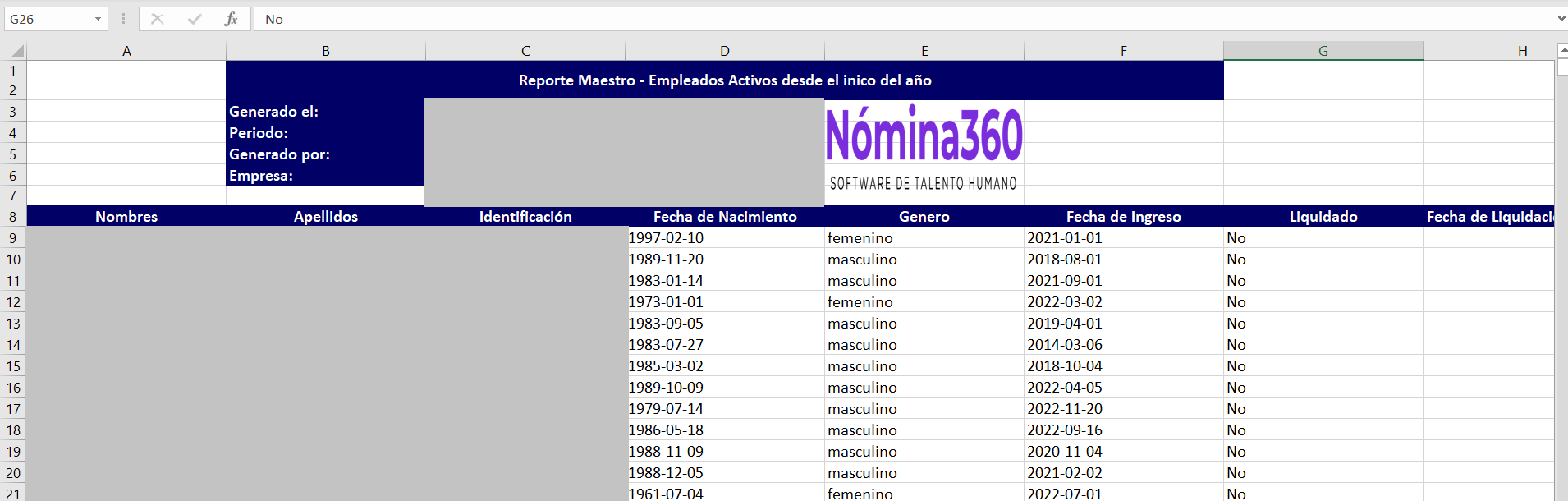 Archivo Excel descargado del reporte de empleados activos