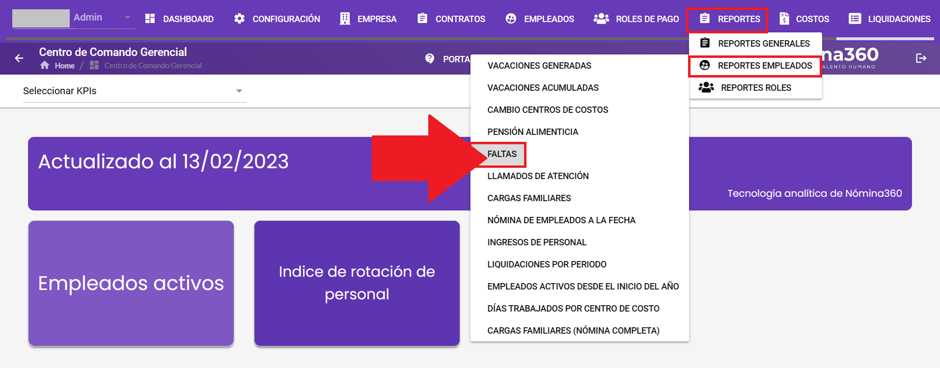 Pantalla del reporte de Faltas