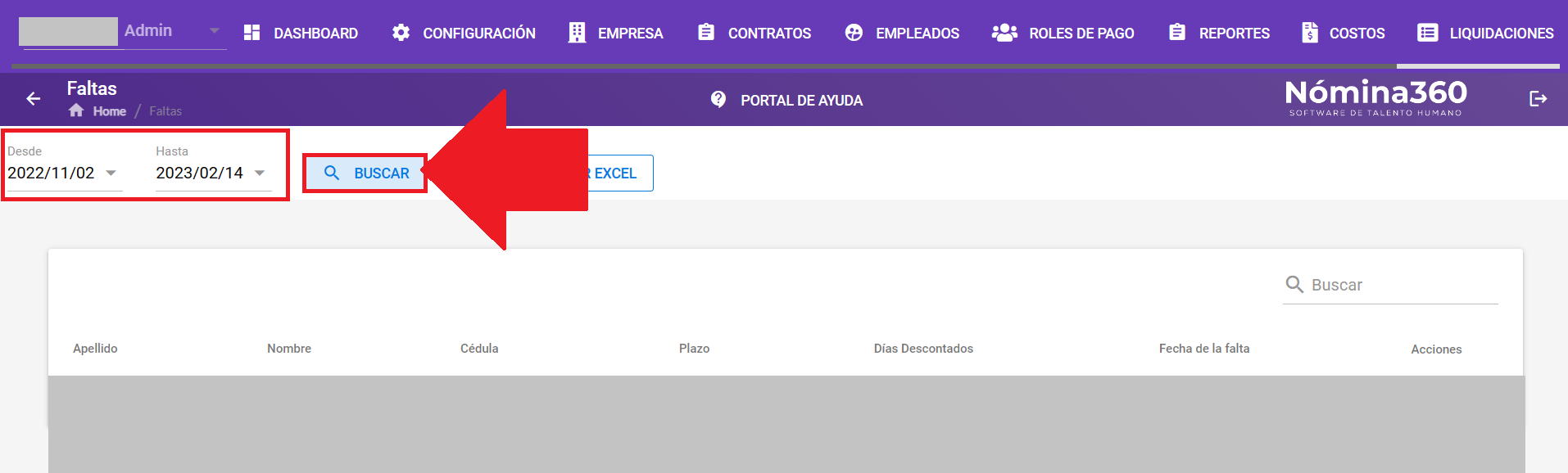 Campos Desde y Hasta y botón Buscar del reporte de faltas