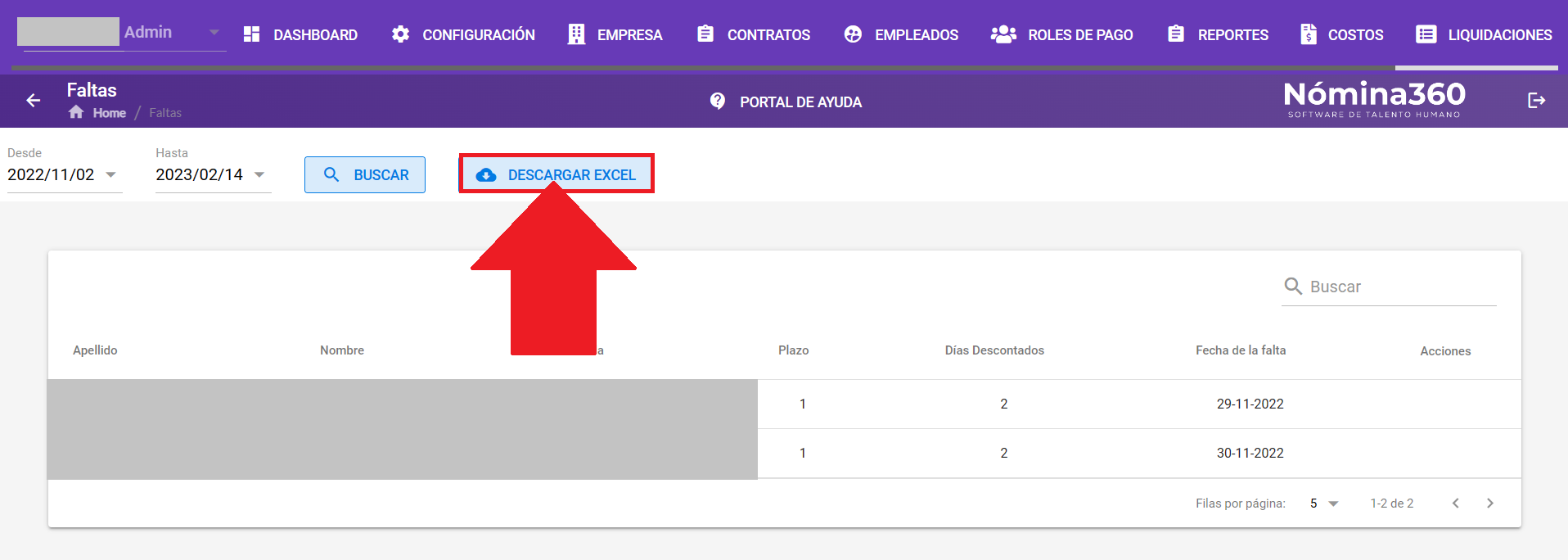 Listado de faltas y botón Descargar Excel