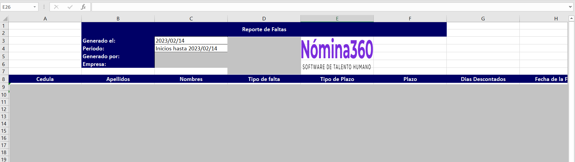 Archivo Excel descargado del reporte de faltas