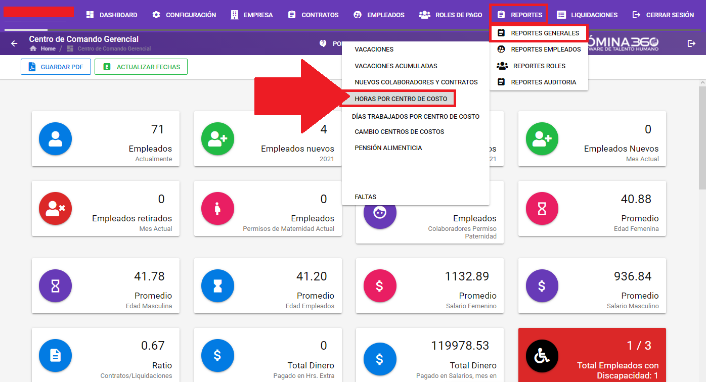 Pantalla del reporte Horas por Centro de Costo