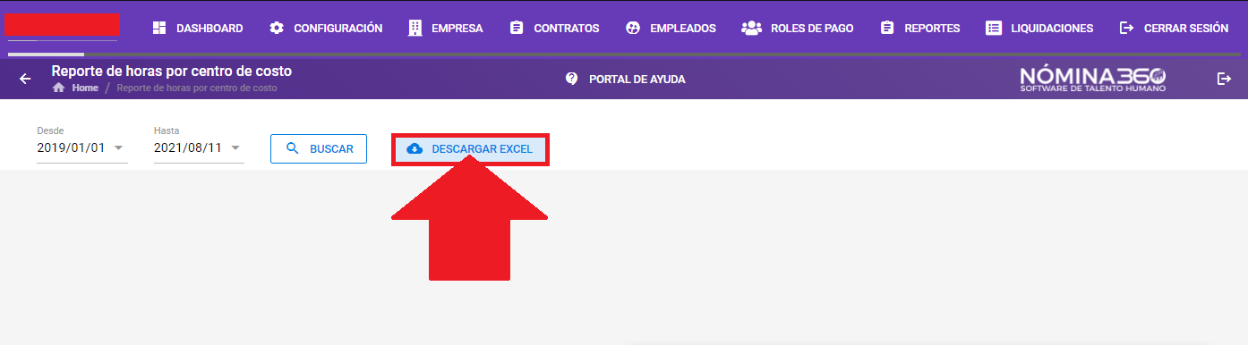 Botón Descargar Excel del reporte de horas por centro de costo