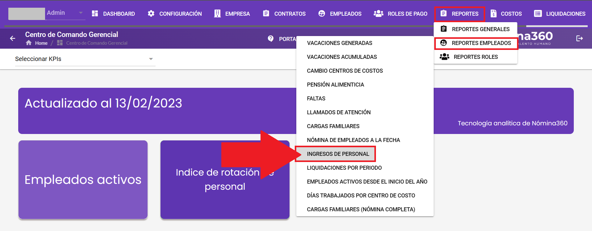 Pantalla del reporte Ingreso de Personal