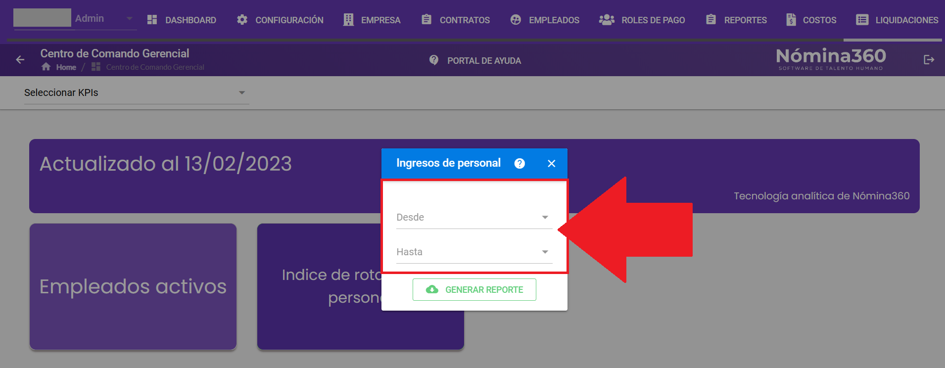 Campos Desde y Hasta del reporte de ingreso de personal