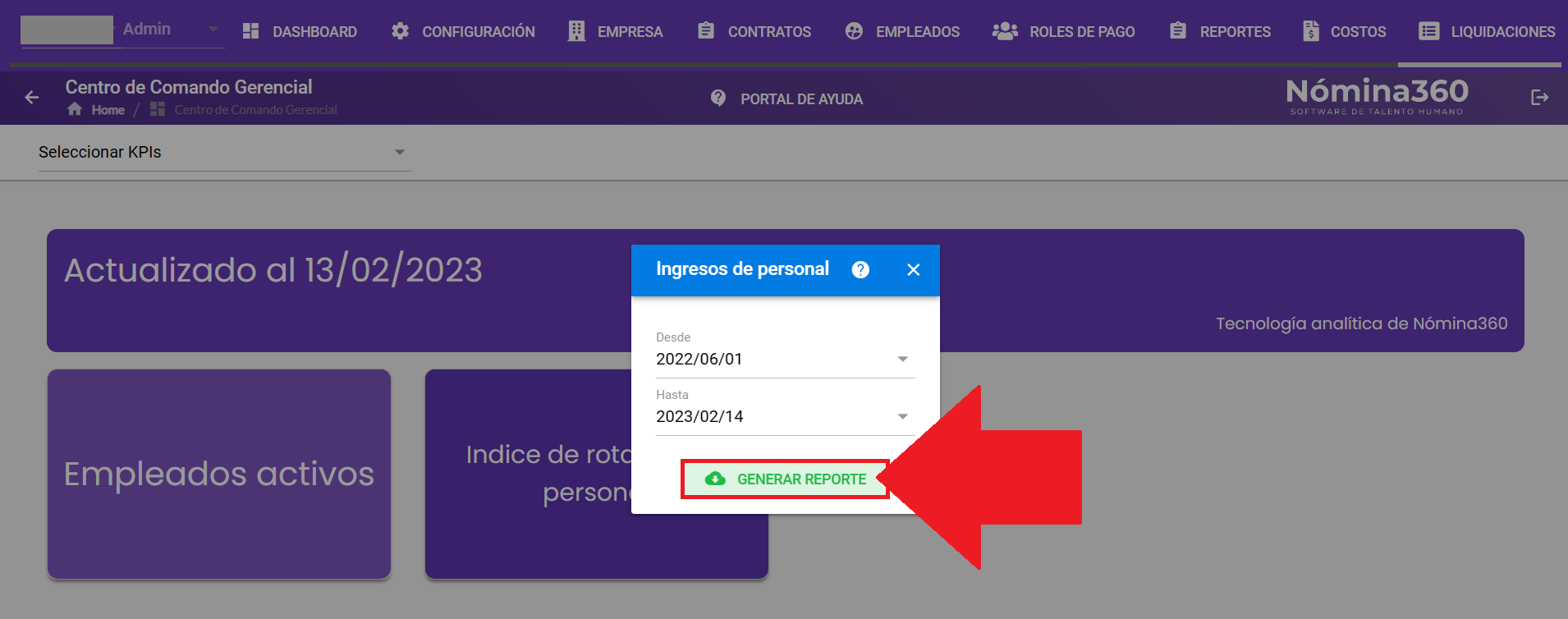 Botón Generar Reporte en el reporte de ingreso de personal