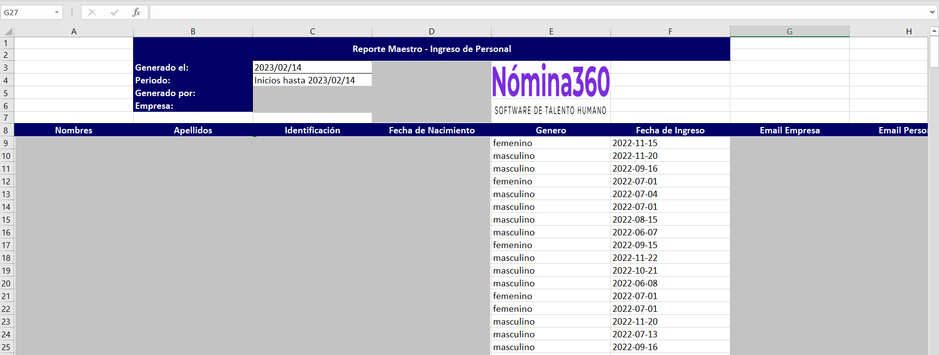 Archivo Excel descargado del reporte de ingreso de personal