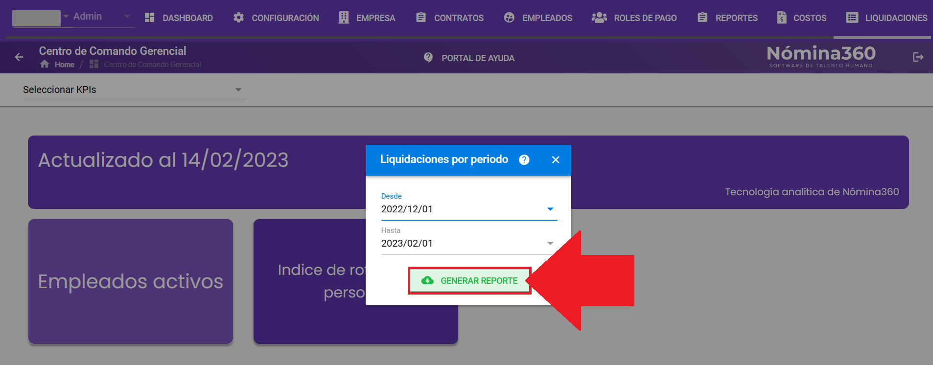 Botón Generar Reporte en el reporte de liquidaciones
