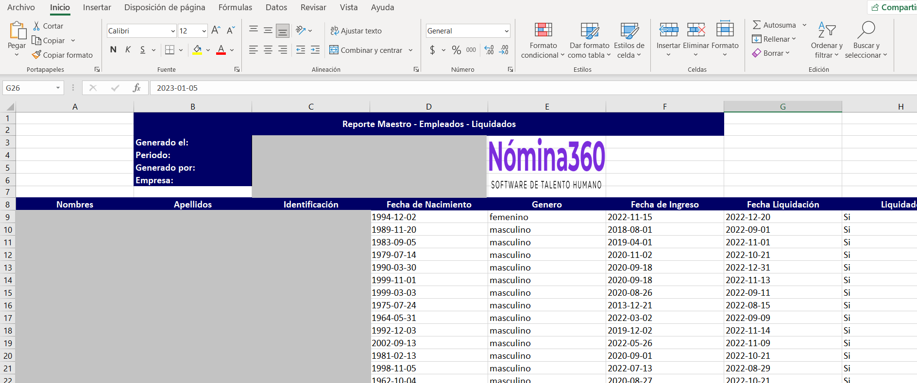 Archivo Excel descargado del reporte de liquidaciones por período