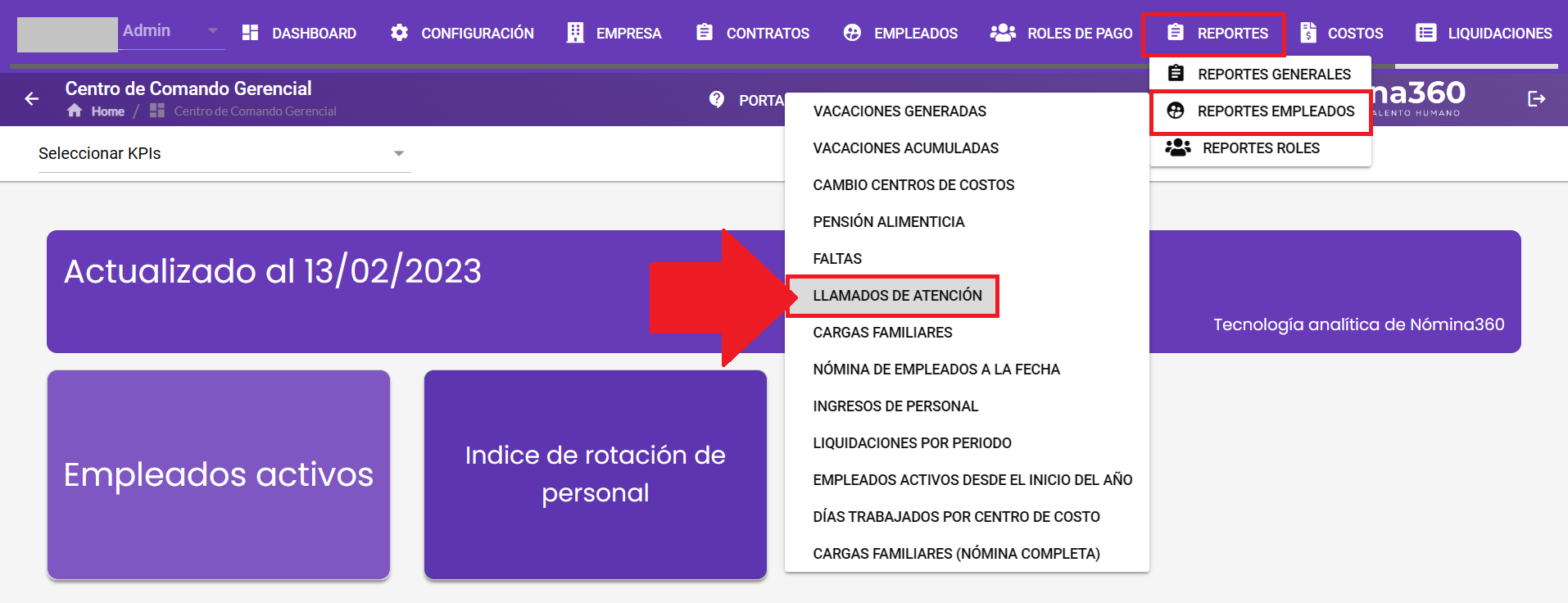 Pantalla del reporte Llamados de Atención