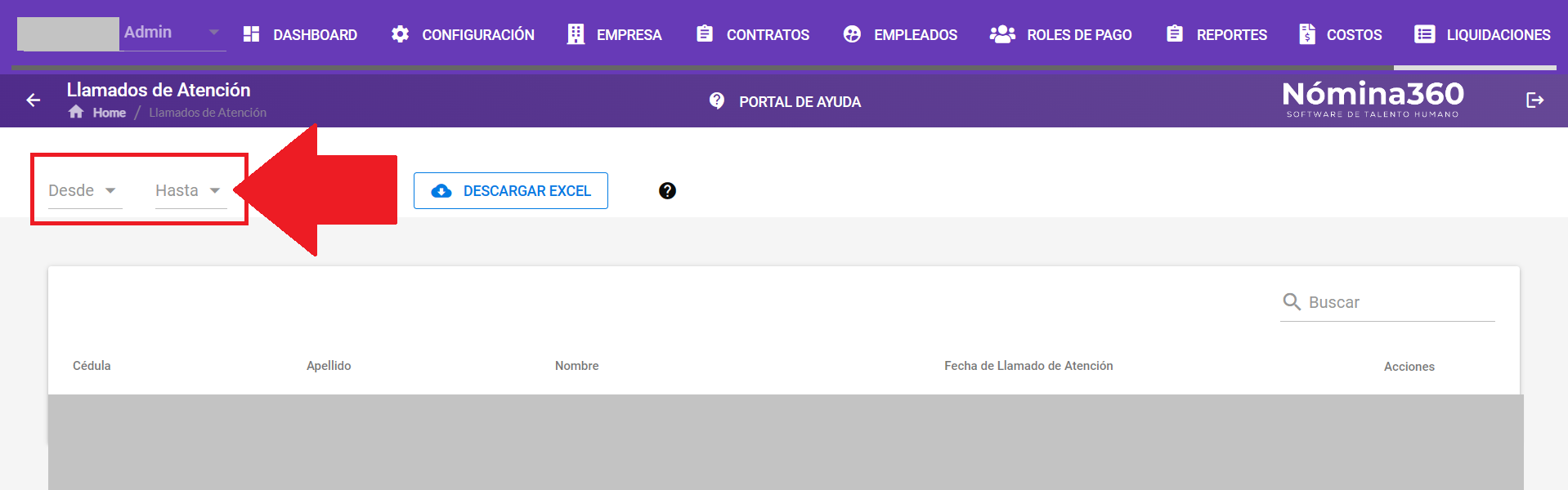 Campos Desde y Hasta del reporte de llamados de atención