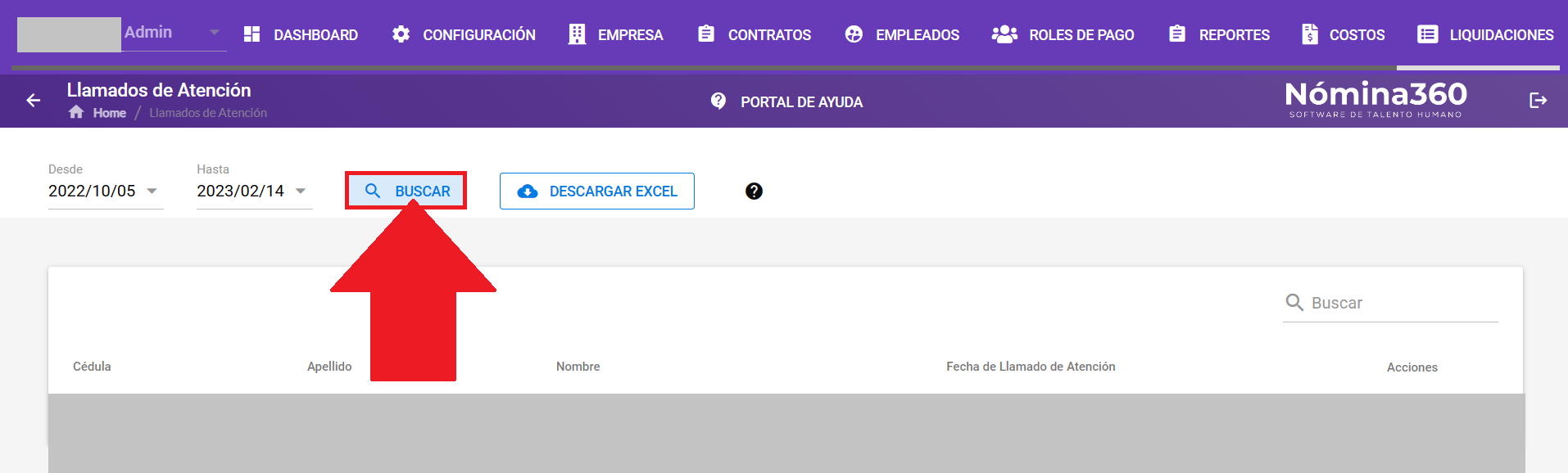Botón Buscar en el reporte de llamados de atención