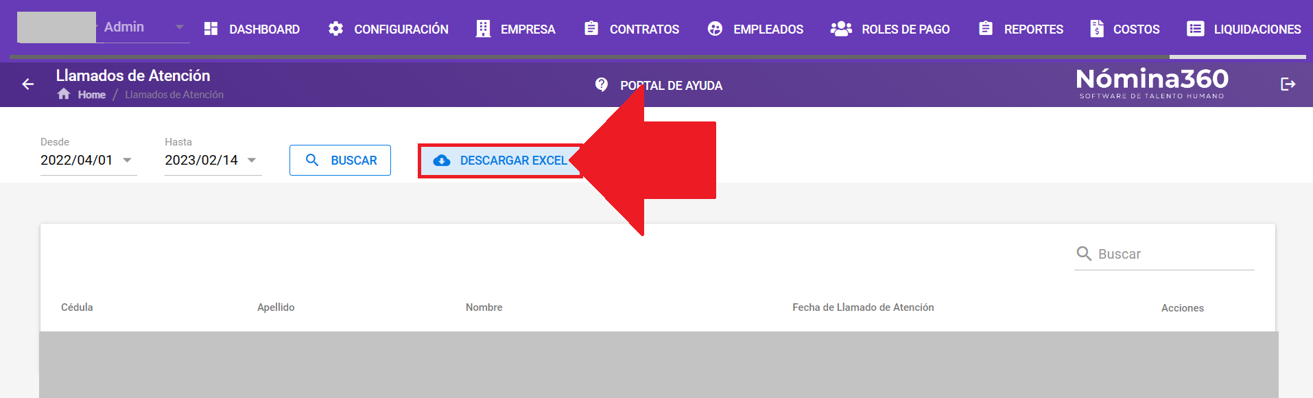 Listado de llamados de atención y botón Descargar Excel