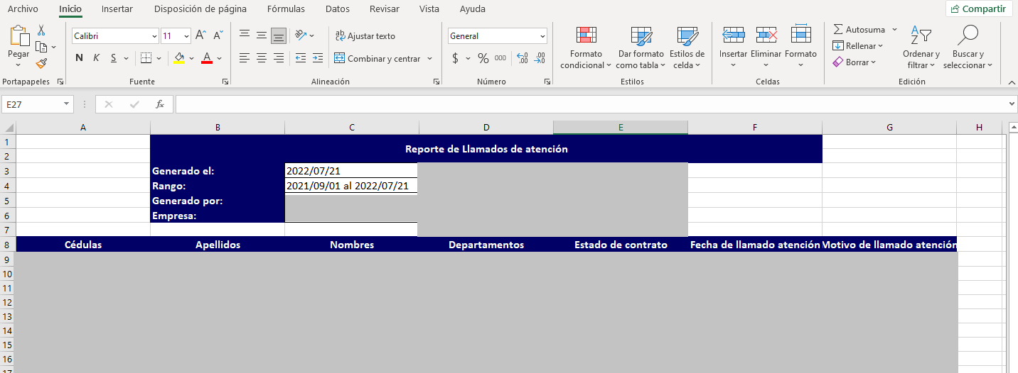 Archivo Excel descargado del reporte de llamados de atención