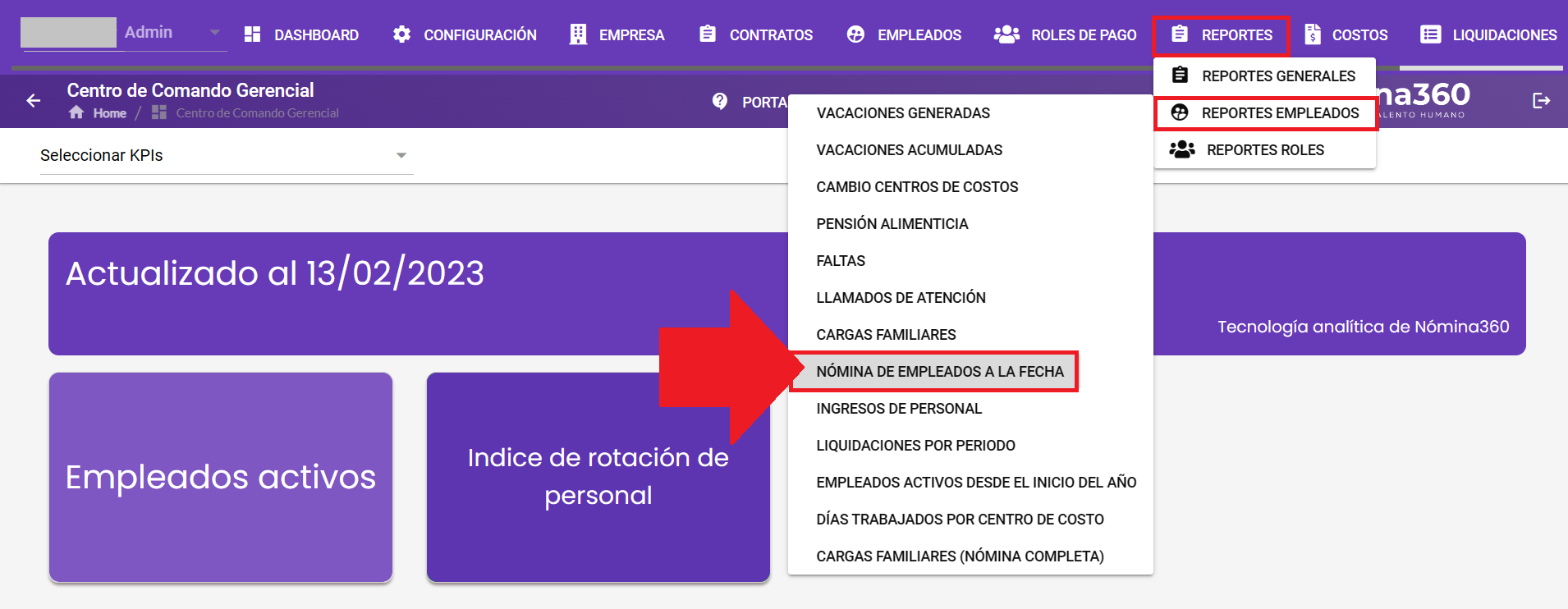 Pantalla del reporte Nómina de Empleados a la Fecha