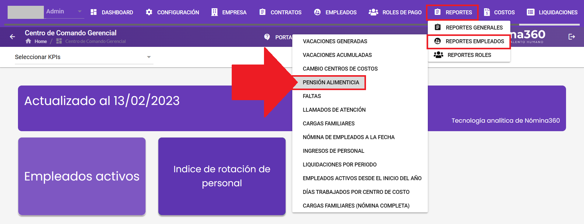 Pantalla del reporte Pensión Alimenticia
