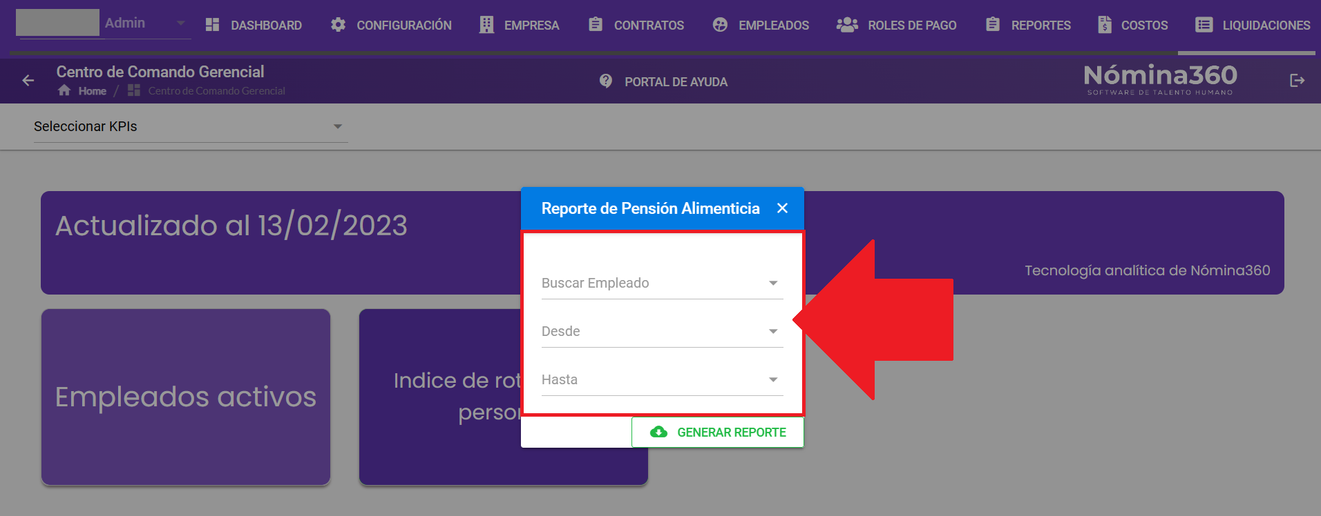 Selección del empleado y rango de fechas del reporte