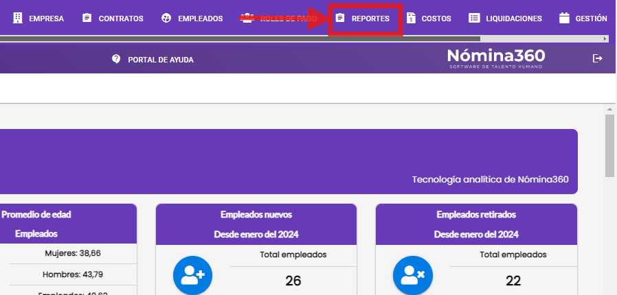Menú Reportes en la barra principal de Nómina360