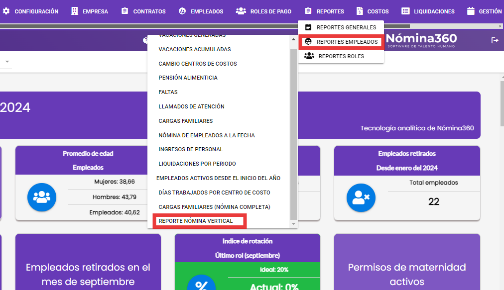 Opción Reporte Nómina Vertical dentro de Reportes Empleados