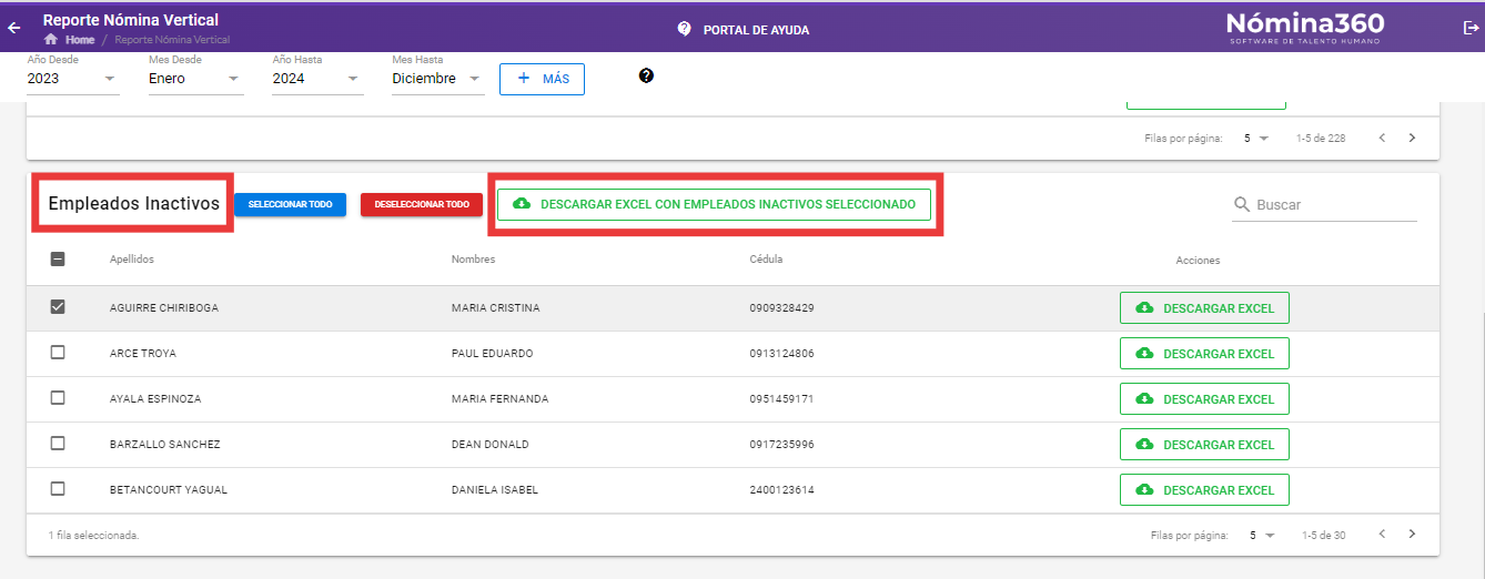 Botón Descargar Excel con los empleados seleccionados