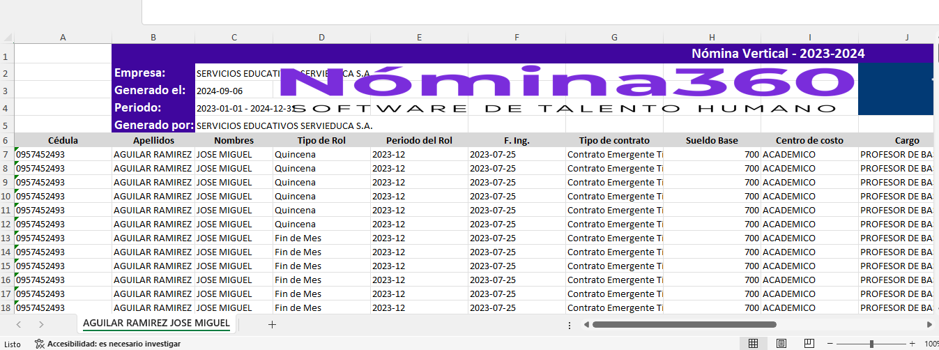 Archivo Excel del reporte de nómina vertical descargado