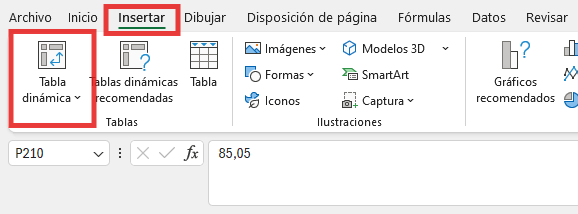 Opción Insertar Tabla Dinámica en Excel