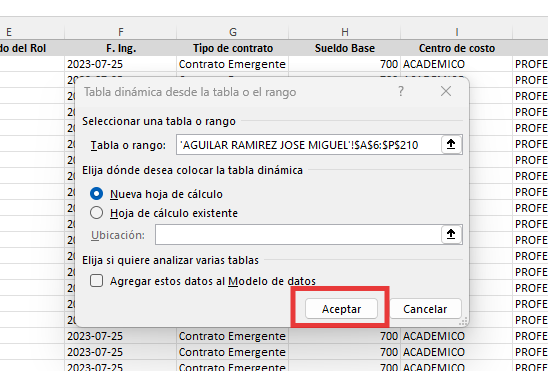 Cuadro de diálogo de creación de la tabla dinámica
