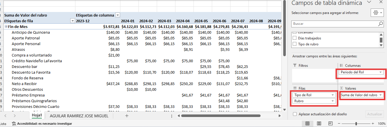 Configuración de campos de la tabla dinámica