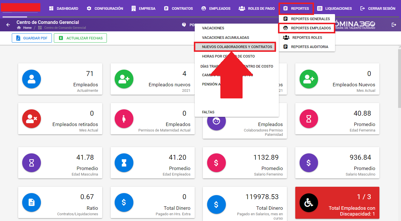 Pantalla del reporte Nuevos Colaboradores y Contratos