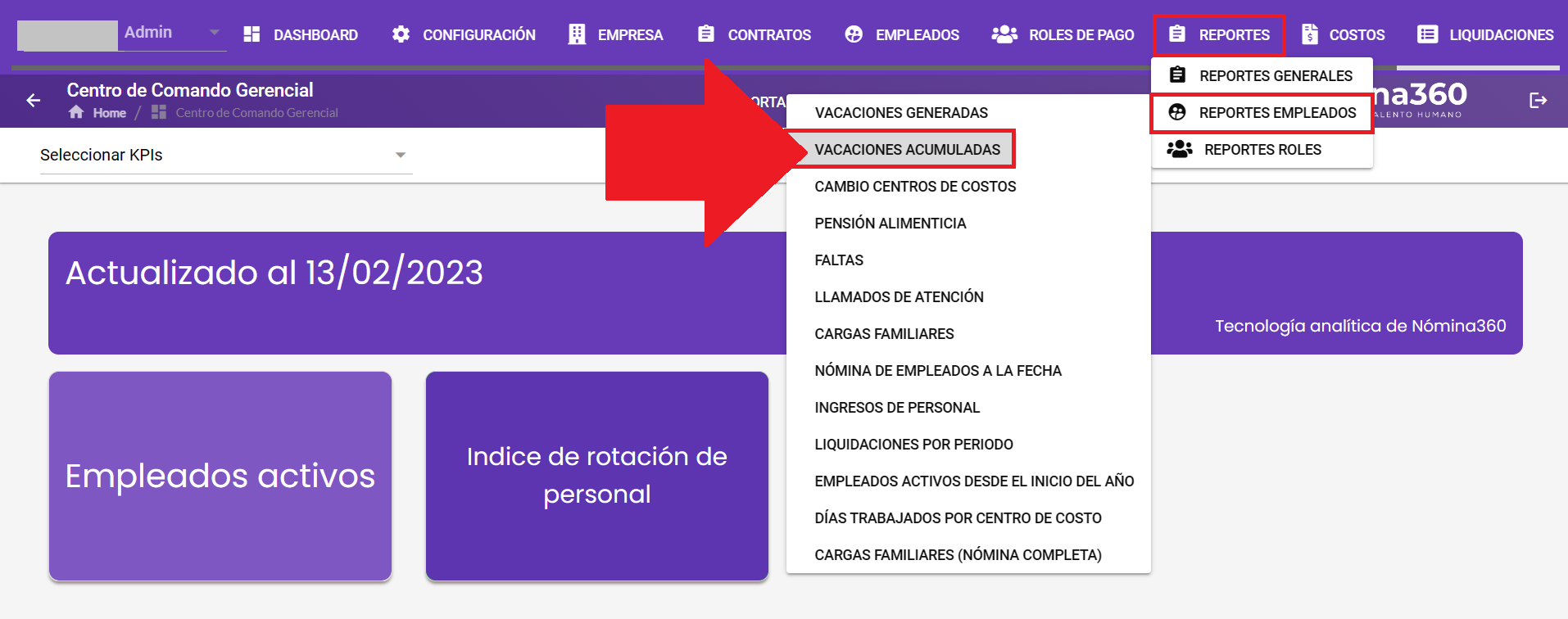 Pantalla del reporte Vacaciones Acumuladas