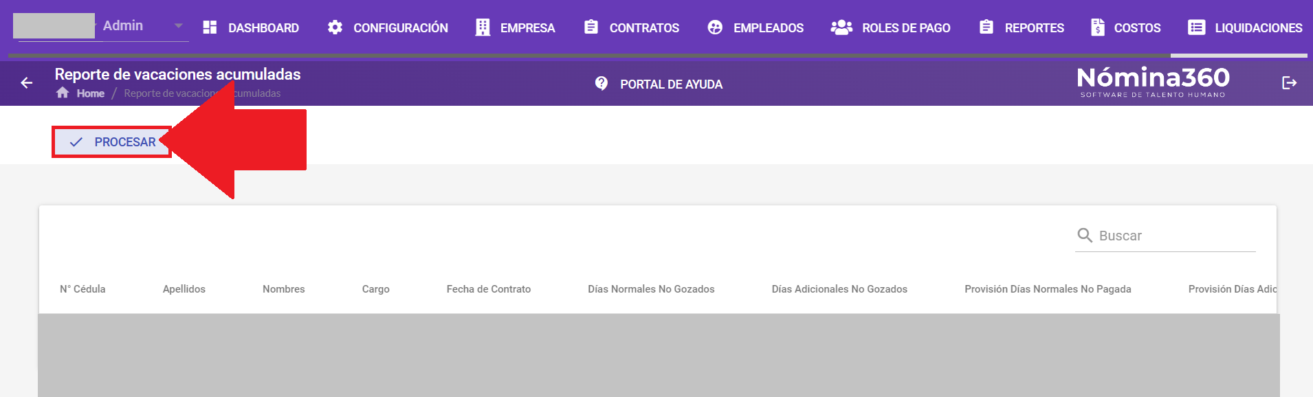 Botón Procesar en el reporte de vacaciones acumuladas