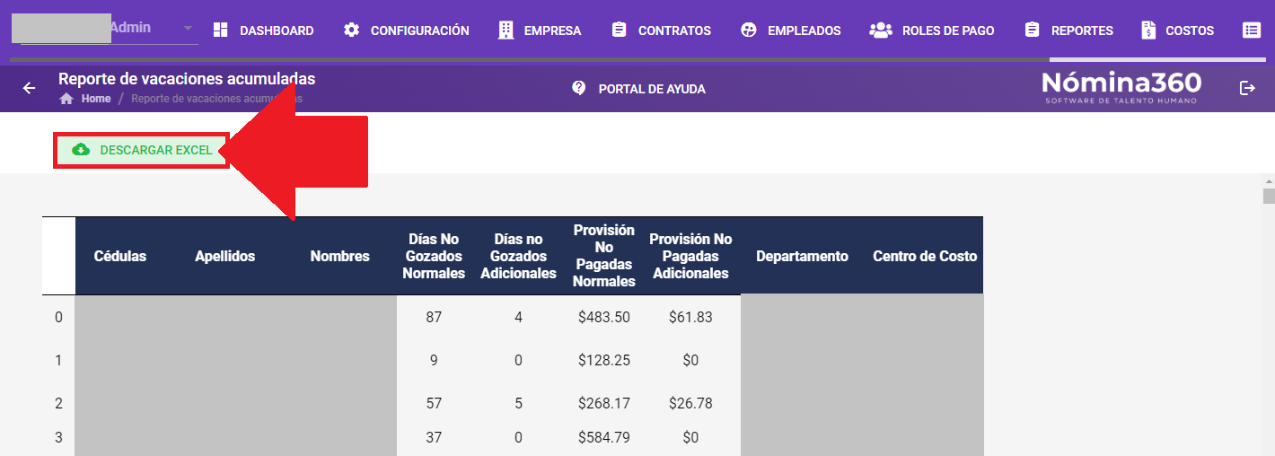 Botón Descargar Excel en el reporte de vacaciones acumuladas