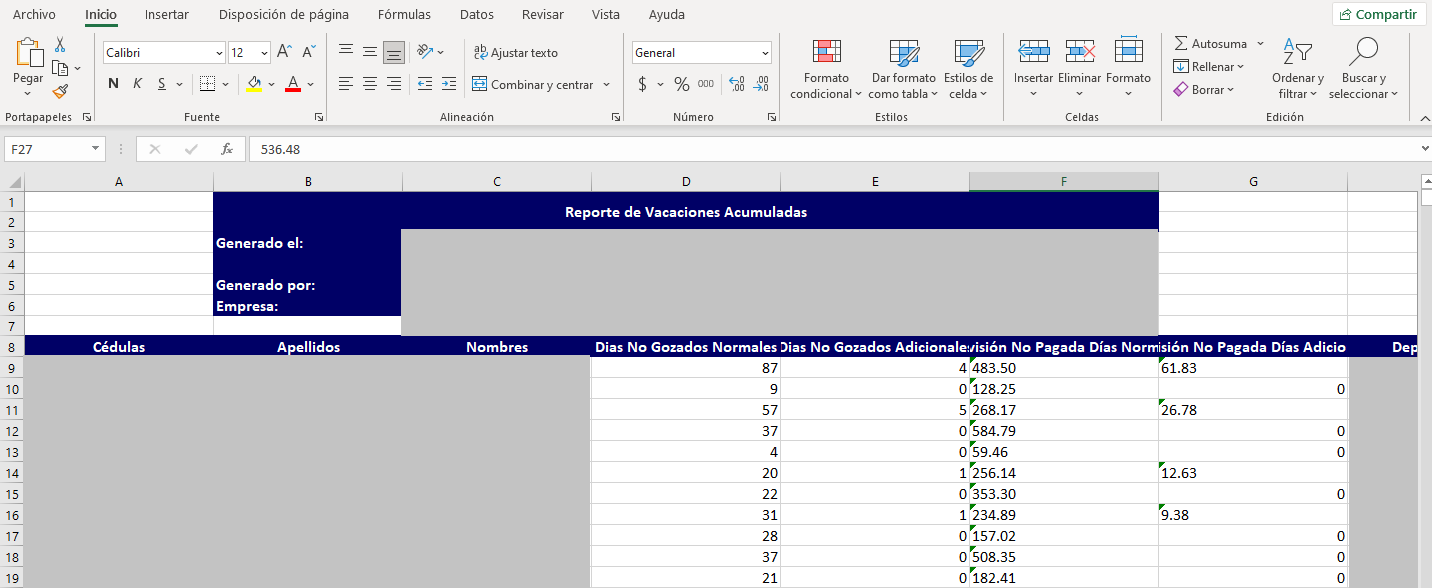 Archivo Excel descargado del reporte de vacaciones acumuladas