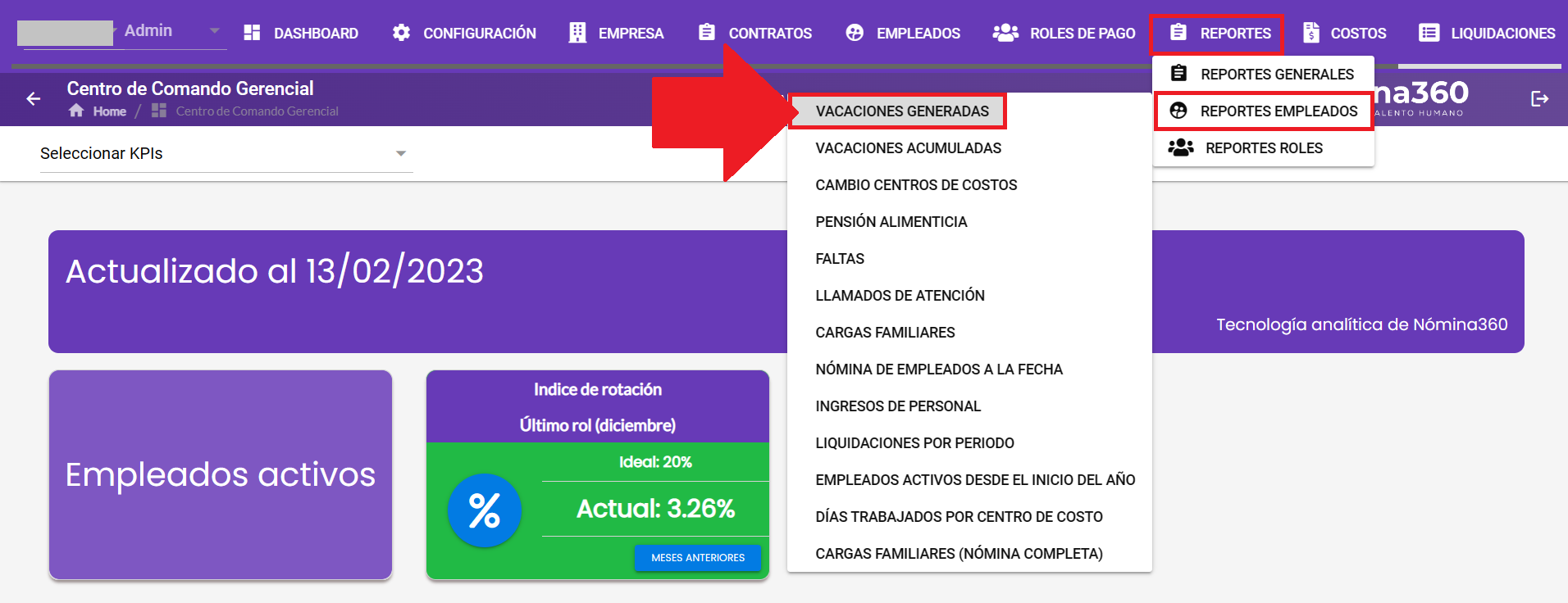 Pantalla del reporte Vacaciones Generadas