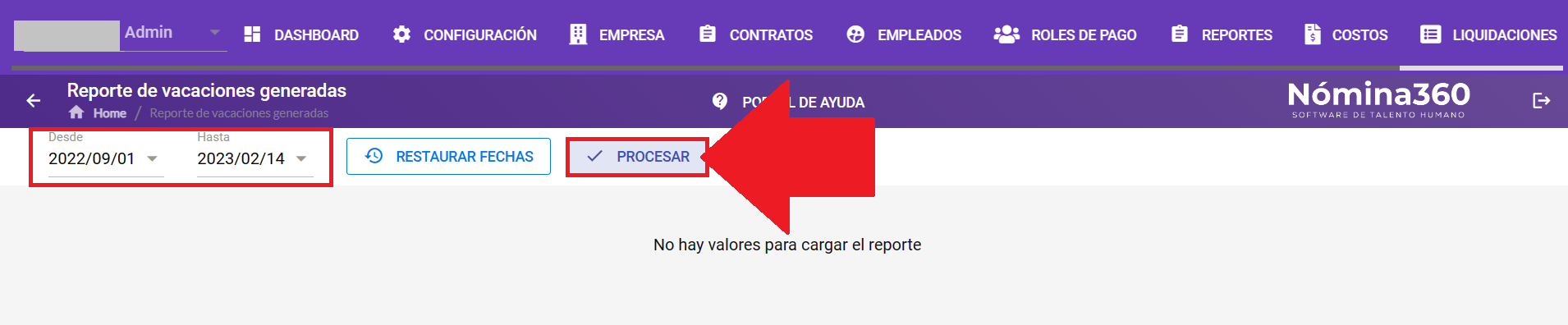 Campos Desde y Hasta y botón Procesar