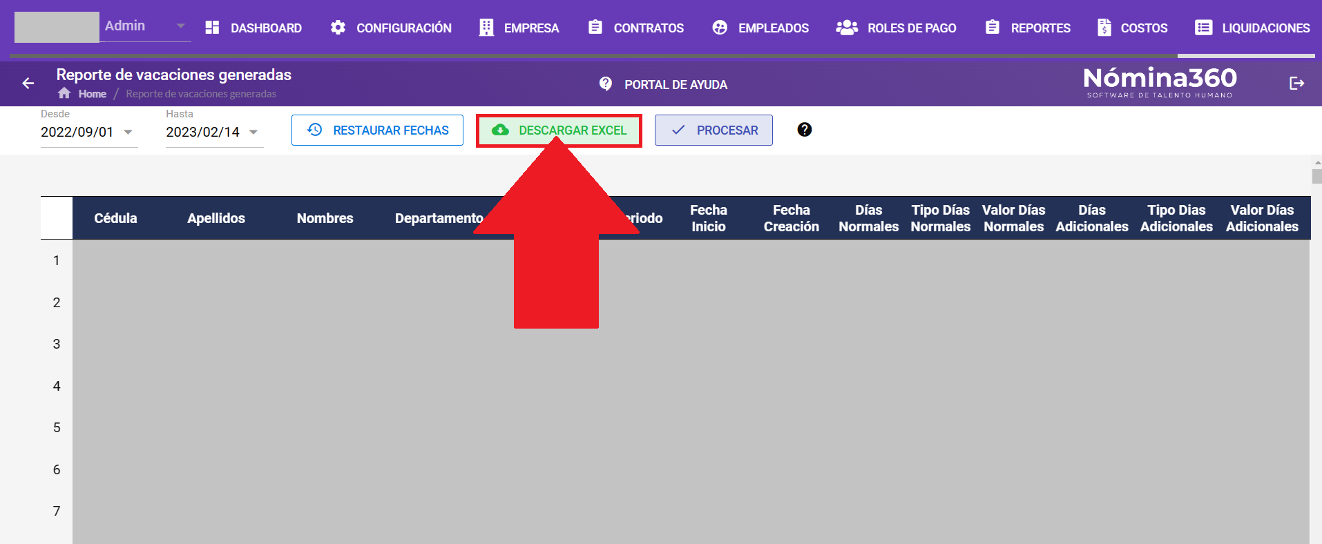Botón Descargar Excel en el reporte de vacaciones generadas