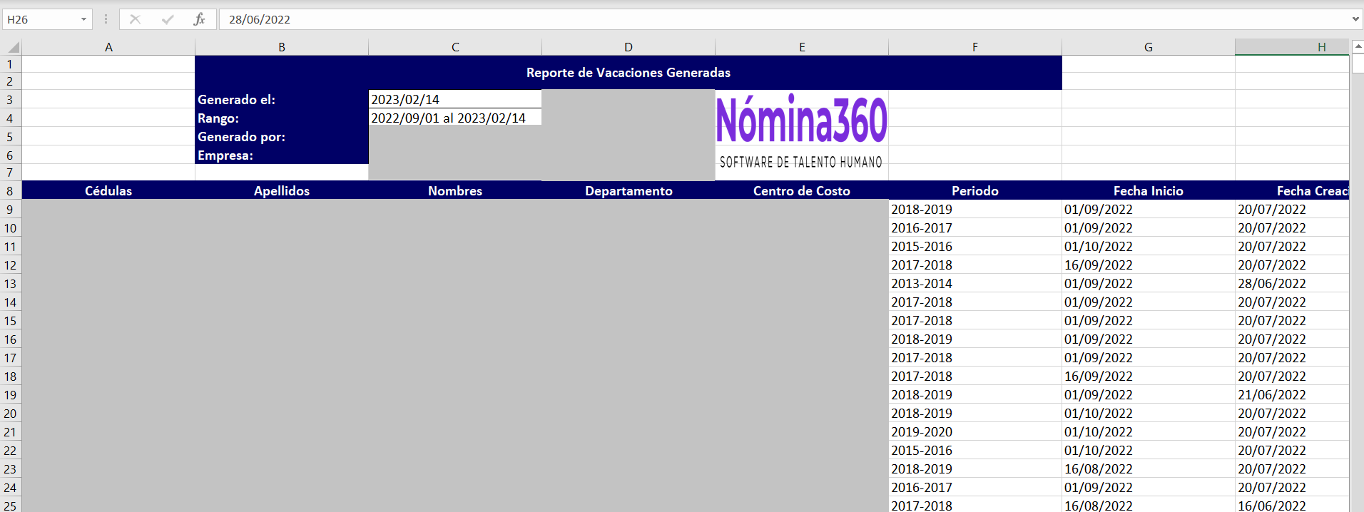 Archivo Excel descargado del reporte de vacaciones generadas