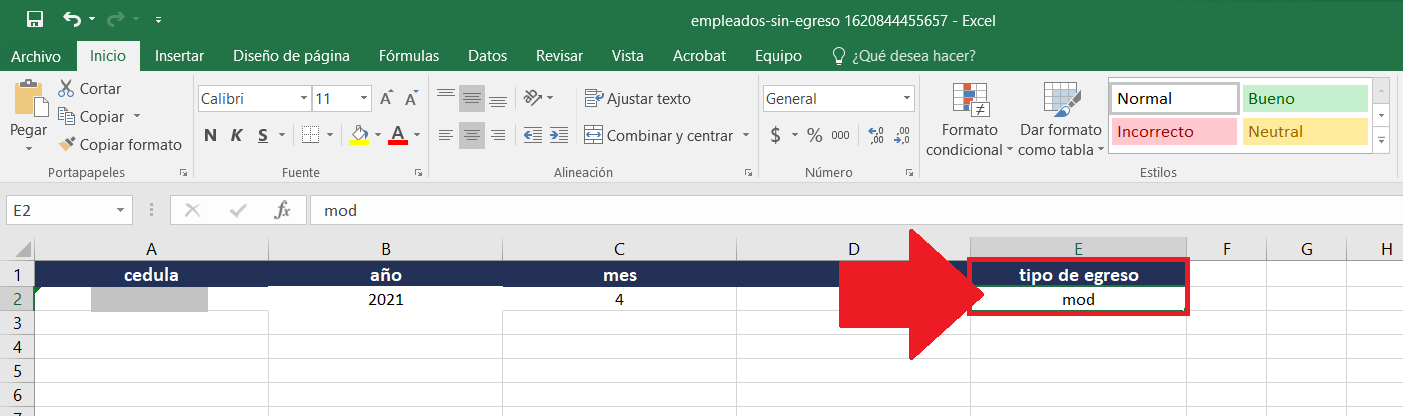 Archivo Excel con los tipos de egreso a cargar