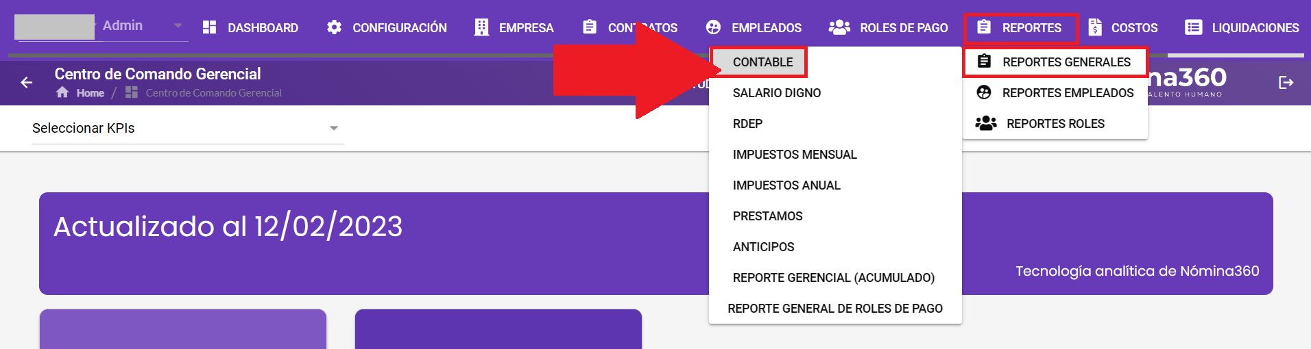 Pantalla del reporte contable dentro de Reportes Generales
