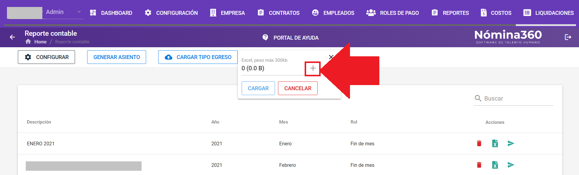 Botón + para seleccionar el archivo a cargar