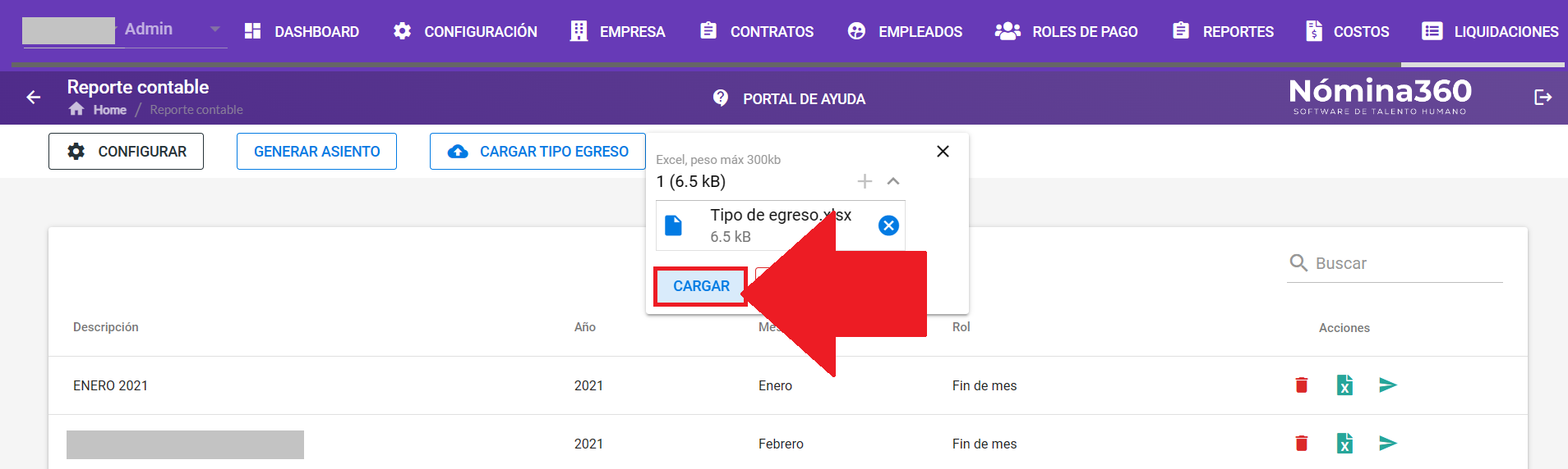 Pantalla de selección del archivo y botón Cargar