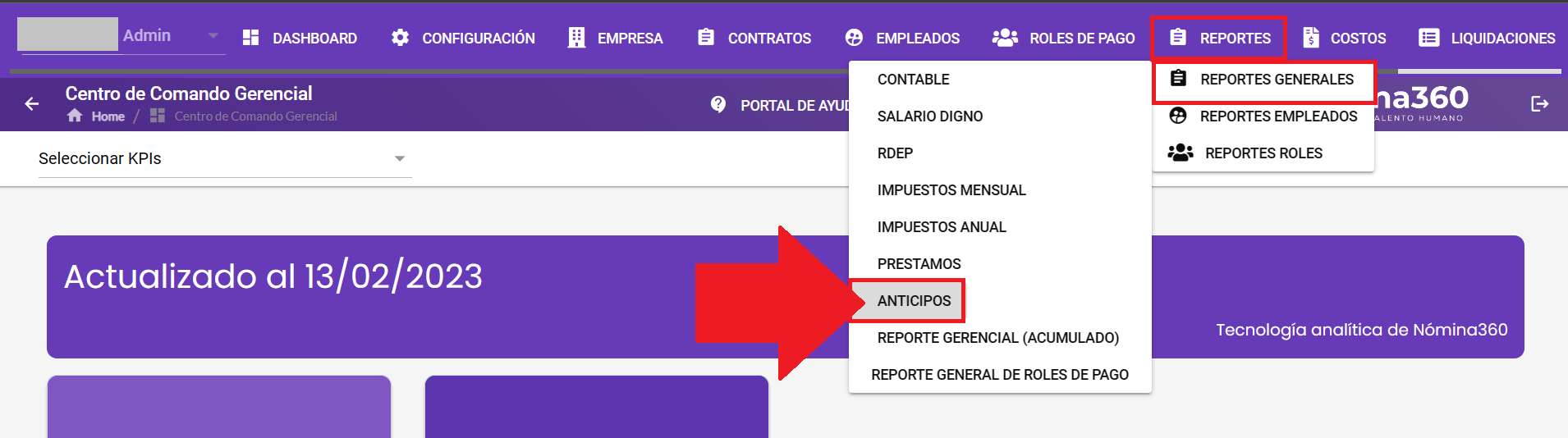 Pantalla del reporte de Anticipos en Reportes Generales