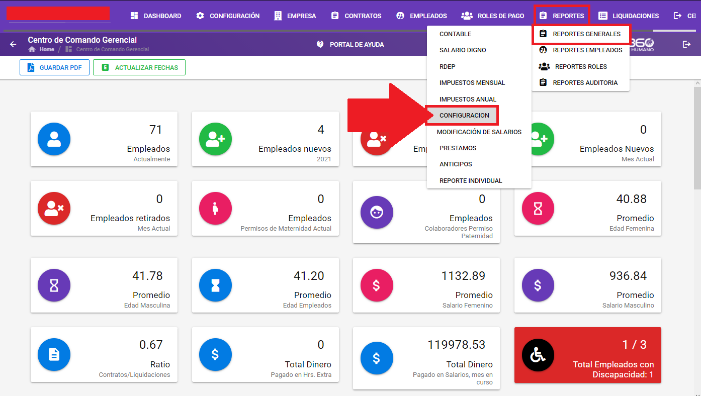 Pantalla del reporte de Configuración en Reportes Generales