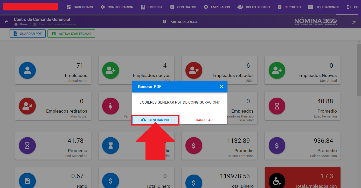 Botón Generar PDF en el reporte de Configuración