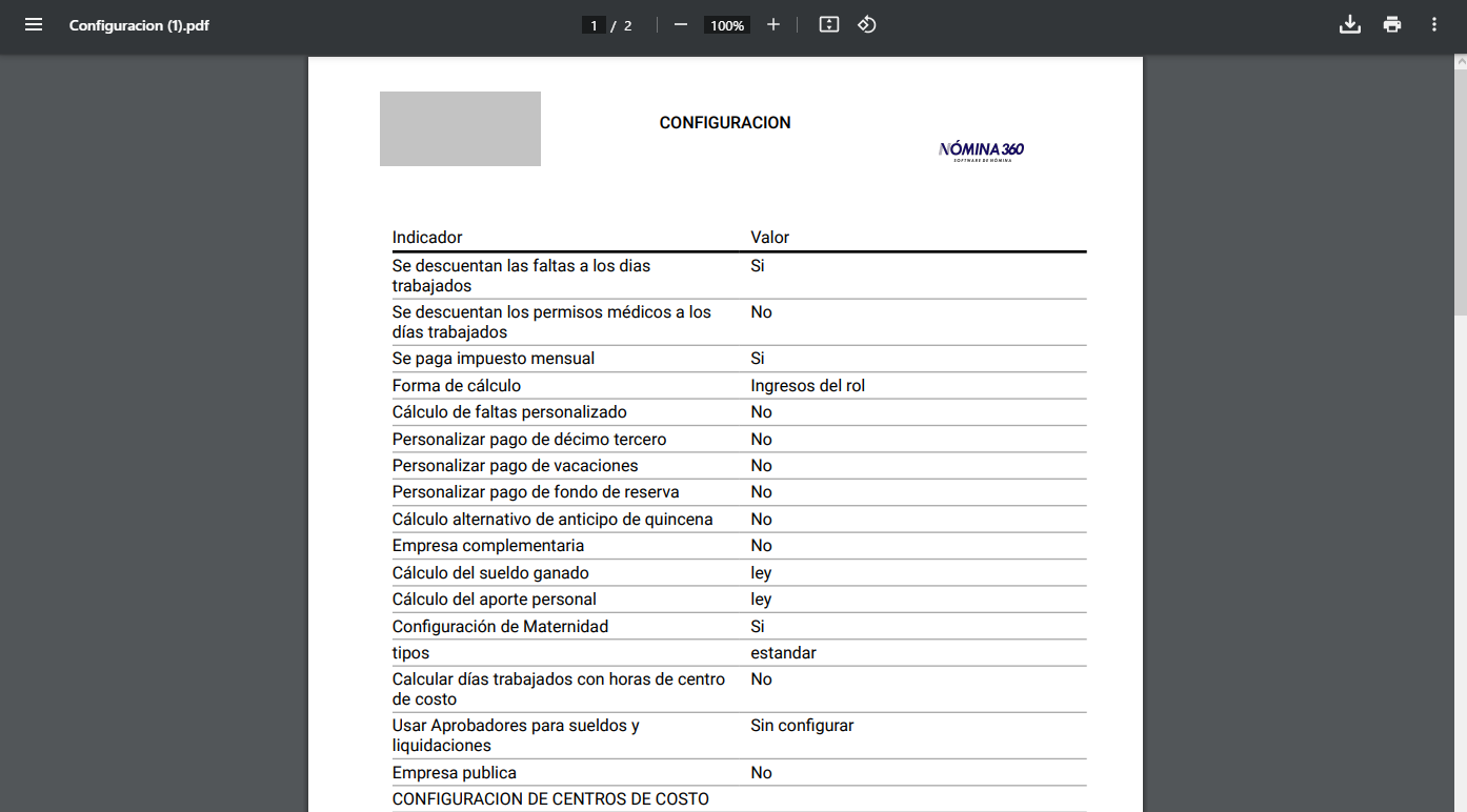 Reporte de configuración descargado en formato PDF