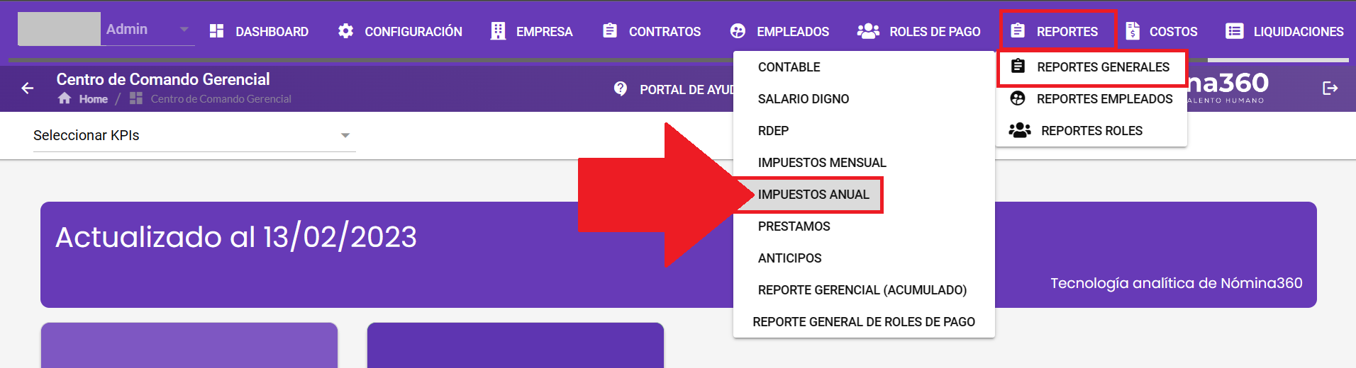 Pantalla del reporte Impuestos Anual