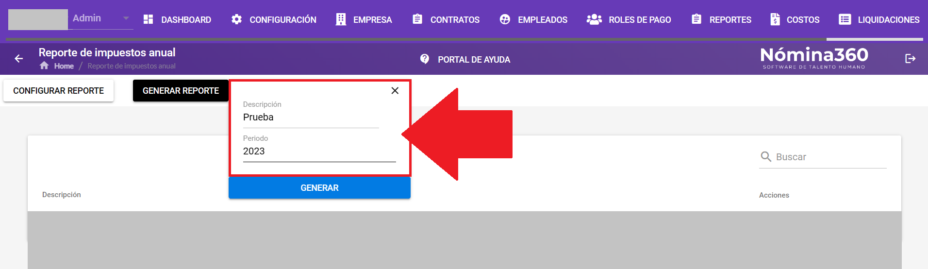 Formulario con los campos Descripción y Período del reporte anual