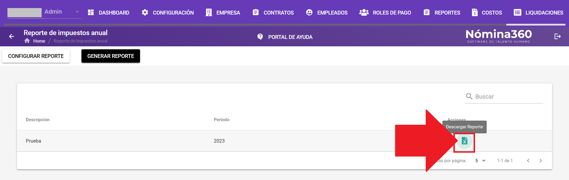 Botón Descargar en un reporte anual de impuestos