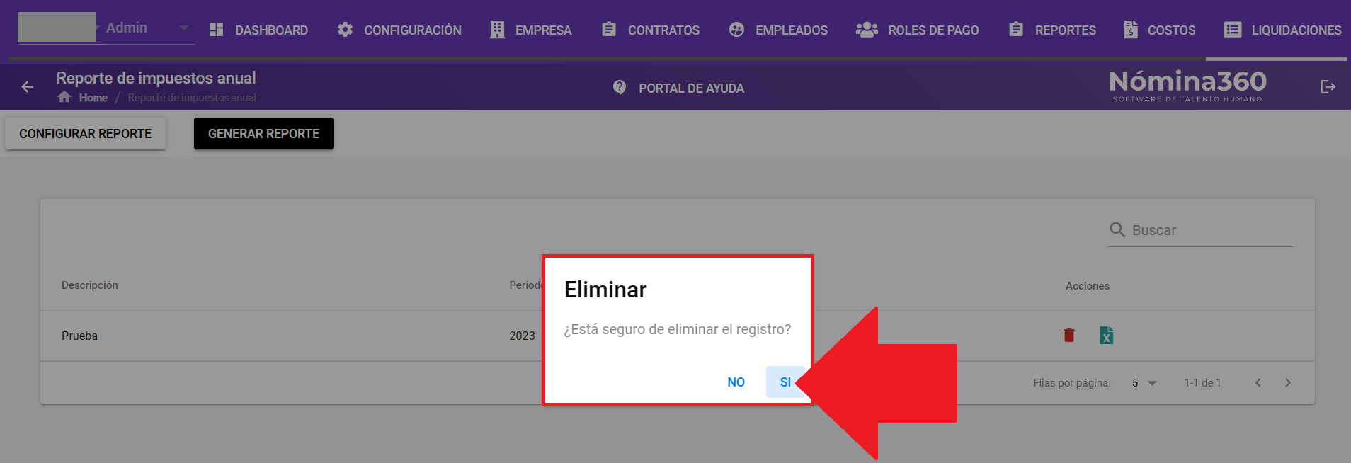 Mensaje de confirmación de eliminación del reporte