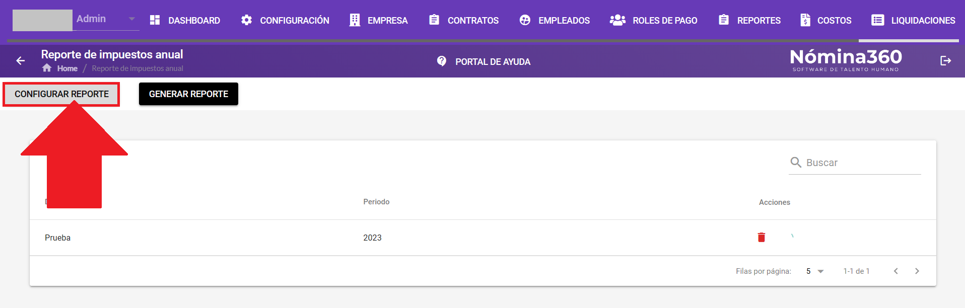 Botón Configurar Reporte en la pantalla del reporte anual